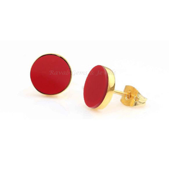 Red Coral (Lab Created) Stud Earrings, 925 Sterling Silver Gold Plated Earrings, Round Flat Gemstone Studs , Engagement Gifted Stud Earrings