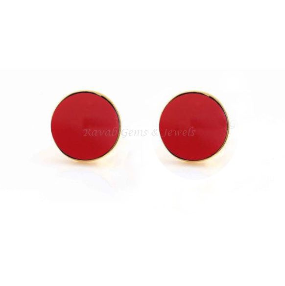 Red Coral (Lab Created) Stud Earrings, 925 Sterling Silver Gold Plated Earrings, Round Flat Gemstone Studs , Engagement Gifted Stud Earrings