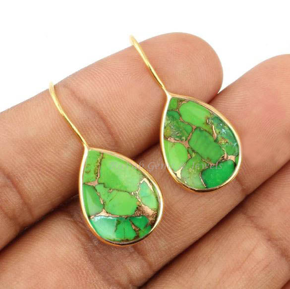 Spiny Mohave, Green Copper Turquoise Earrings, Pear Shape Earring, 925 Sterling Silver, Gold Plated Bezel, Dangle Earring, Gifts For Her