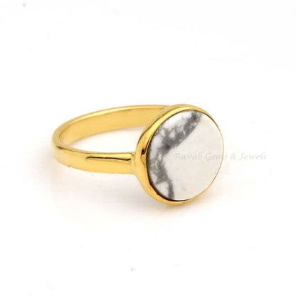 White Howlite Round Shape Flat Stone Ring, 925 Sterling Silver Gold Plated Rings, 10mm Gemstone Ring, Rings For Memorable Day Gifted