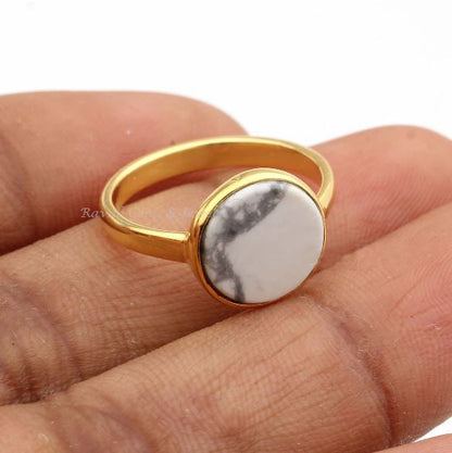 White Howlite Round Shape Flat Stone Ring, 925 Sterling Silver Gold Plated Rings, 10mm Gemstone Ring, Rings For Memorable Day Gifted