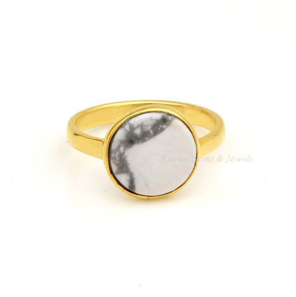 White Howlite Round Shape Flat Stone Ring, 925 Sterling Silver Gold Plated Rings, 10mm Gemstone Ring, Rings For Memorable Day Gifted