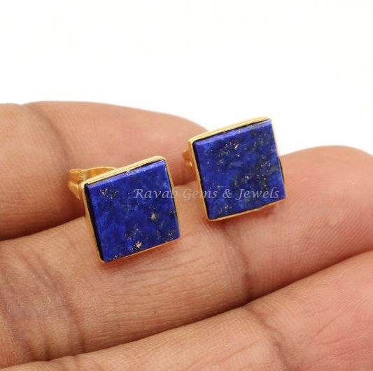 Lapis Lazuli Square Gemstone Stud Earrings, Gold Plated 925 Sterling Silver Earrings, Smooth Flat Calibrated Stone Stud Earring For Gifted