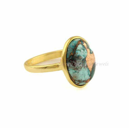 Chrysocolla Copper Oval Shape Ring, Gold Plated Gemstone Ring, 10x14mm Stone Jewelry Ring, 925 Sterling Silver Rings, For Memorable Gifted