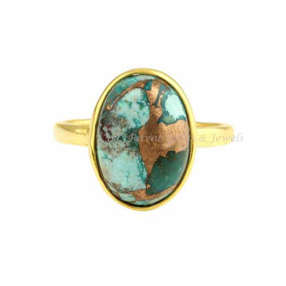 Chrysocolla Copper Oval Shape Ring, Gold Plated Gemstone Ring, 10x14mm Stone Jewelry Ring, 925 Sterling Silver Rings, For Memorable Gifted