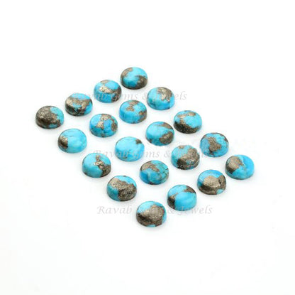 Turquoise Pyrite Round Smooth Calibrated Cabochons Gemstone | Turquoise Loose Beads Flat Back Stone For Jewelry Set 8mm-16mm 5 Pcs Set