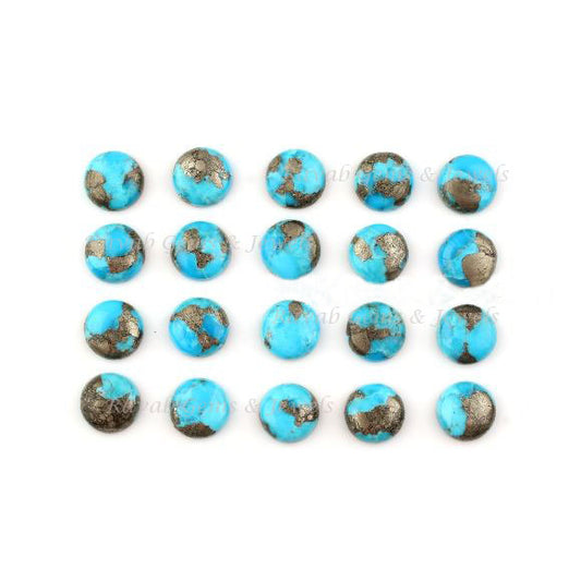 Turquoise Pyrite Round Smooth Calibrated Cabochons Gemstone | Turquoise Loose Beads Flat Back Stone For Jewelry Set 8mm-16mm 5 Pcs Set