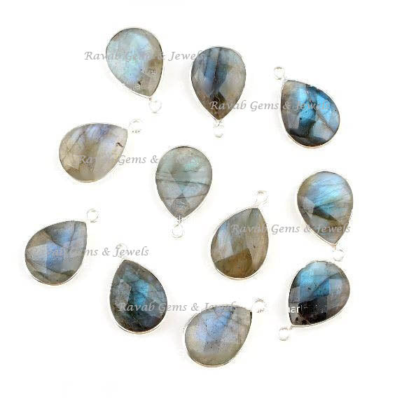 Multi Labradorite Pear 925 Sterling Silver Connetor & Charms - Faceted Charms Connector - Jewelry Accessories - 1 Piece 12x16mm