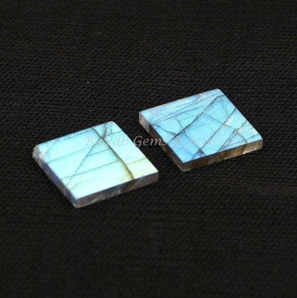 Natural Labradorite Square Shape Gemstone For Jewelry, Blue Fire Labradorite For Earring Pendant Making, Flat Pair Stones 12mm 2 Pcs Set