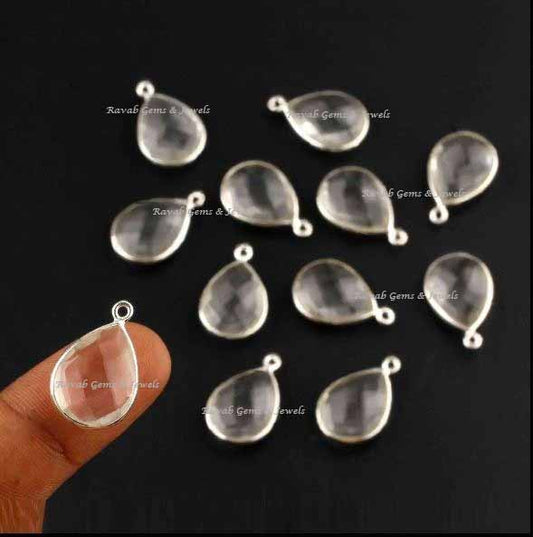 Crystal Clear Quartz Pear 12x16mm Faceted Briolette Gemstone 925 Sterling Silver Charm For Jewelry, Unique Charms For Necklace Pendant 2 Pcs