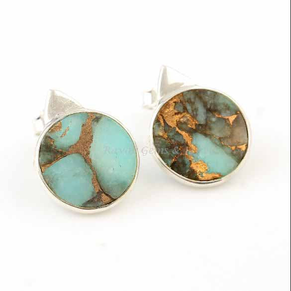 Copper Amazonite Round Silver Stud Earring, 925 Sterling Silver Earring, Both Side Flat Amazonite Earring, Best Quality Earring For Her