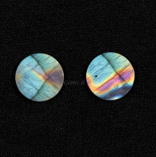 Natural Blue Fire Labradorite Round Coin Shape Flat Semi Precious Gemstone For Jewelry, Loose Beads Calibrated Stone 12mm 2 Pc Set Available