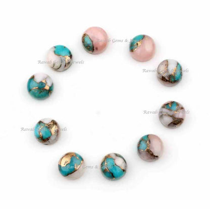 Pink Opal Copper Turquoise Round Smooth Cabochon Gemstone- Loose Beads Calibrated Flat Back Stone For Sale, Jewelry Making Stones 5 Pcs Set