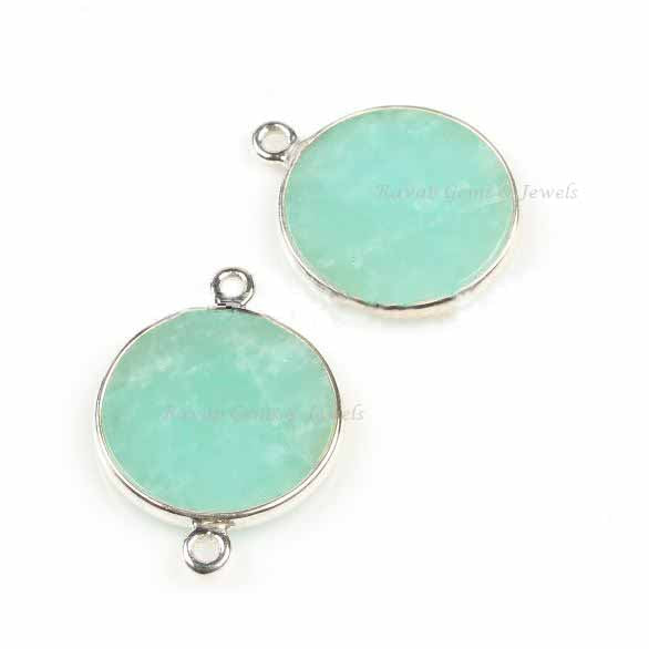 Natural Amazonite Round 12mm Smooth Flat Gemstone 925 Sterling Silver Charm Or Connector, Calibrated Stone Making Pendant Charms 1 Pcs