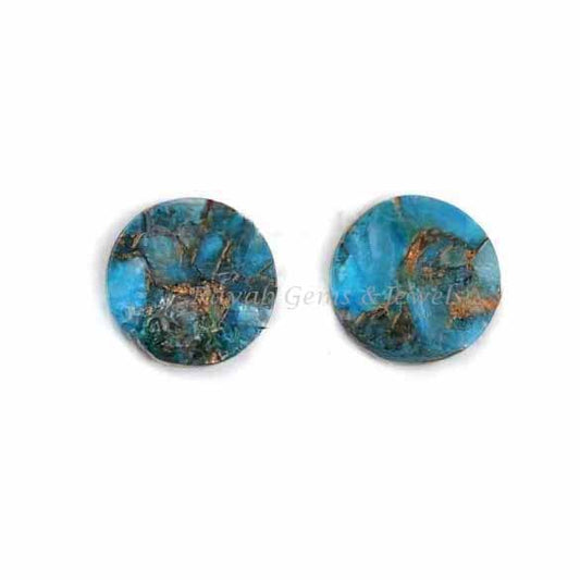 Blue Copper Turquoise Round shape 12mm Flat Gemstone for jewelry making, Mohave Blue copper Turquoise pendant,earings making beads 2 pcs set