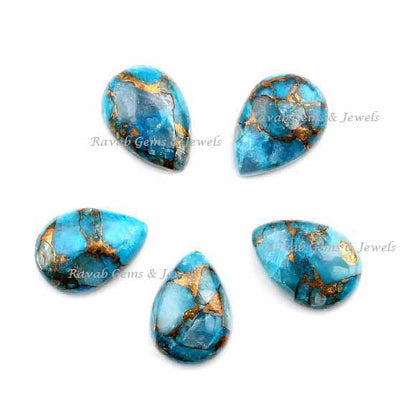 Blue Copper Turquoise Pear Shape Smooth Cabochons Gemstone | Loose Beads Calibrated Stones For Jewelry Earring Making 5 Pcs Set