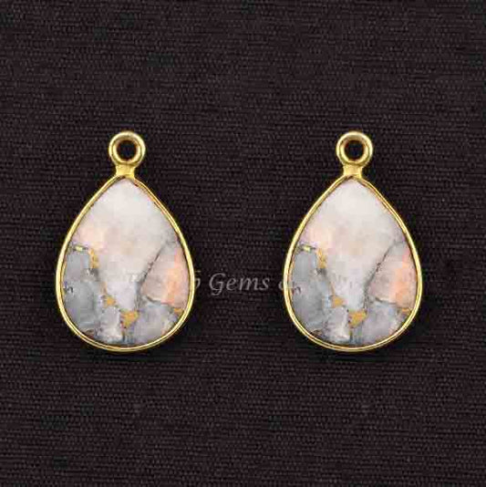 White Calcite Copper 12x16mm Smooth Pear Shape Briolette Gemstone Gold Plated 925 Sterling Silver Charm For Jewelry, Charms 2 Pcs Set