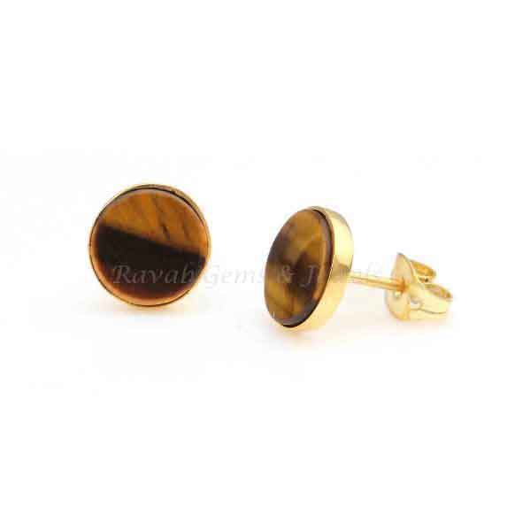 Tiger's Eye Round Gemstone Stud Earrings, 925 Sterling Silver Stud Earrings, Gemstone Stud Earrings, Engagement Earrings, Best Quality