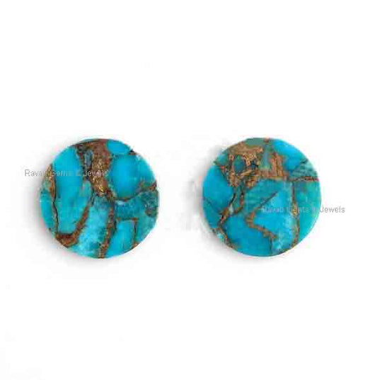 Blue Copper Turquoise Round Shape Flat Gemstone For Jewelry Making, Loose Beads Calibrated Stone Jewery Earring Making 2 Pcs Set Available