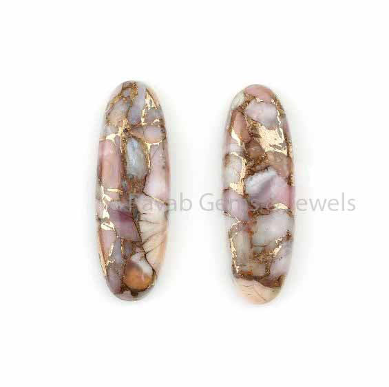 Pink Opal Copper Long Oval Shape Flatback Smooth Cabochon Gemstone, Loose Beads Calibrated Stone For Jewelry Earring Making, 10x30mm 2 Pcs