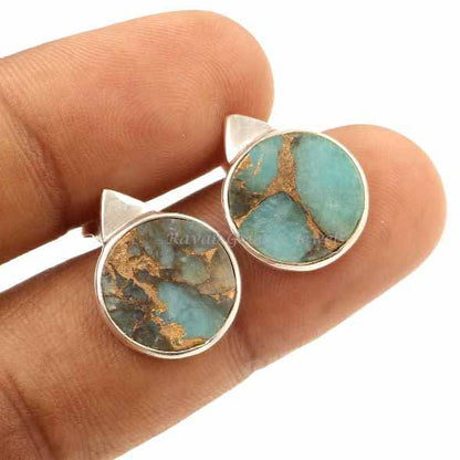 Copper Amazonite Round Silver Stud Earring, 925 Sterling Silver Earring, Both Side Flat Amazonite Earring, Best Quality Earring For Her