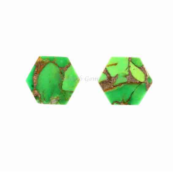 Green Copper Turquoise 12mm Hexagon shape Flat Gemstone, Loose Gemstone Both Side Flat, Green Copper Turquoise Flat - 2 Pcs set