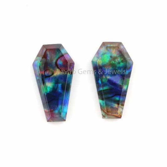 Multi Abalone Shell Quartz Coffin Shape Cabochon Gemstone For Jewelry Making, Loose Beads Calibrated Stone For Matching Earrings 2 Pcs Set