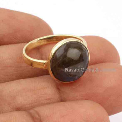 Blue Flashy Labradorite Round Gemstone Ring, Gold Plated 925 Sterling Silver Ring, 12mm Smooth Cabochons Stone Jewelry Ring, For Gifted