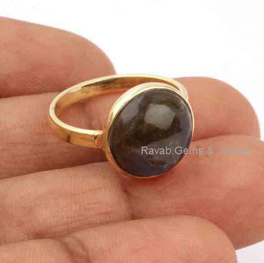 Blue Flashy Labradorite Round Gemstone Ring, Gold Plated 925 Sterling Silver Ring, 12mm Smooth Cabochons Stone Jewelry Ring, For Gifted