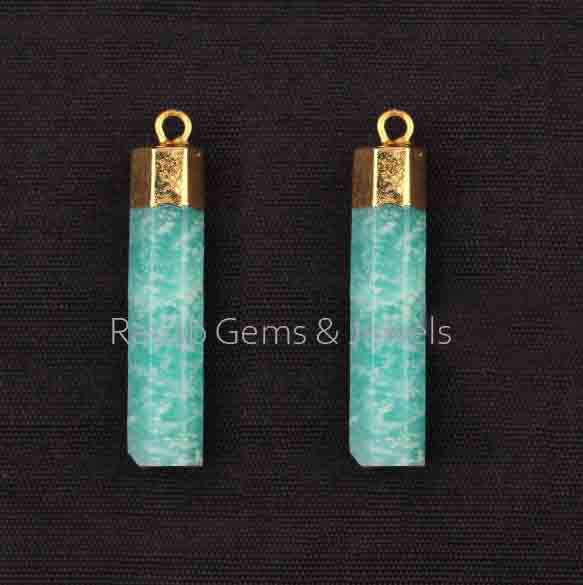 6x28mm Amazonite Beautiful Cylinder Tube Shape Gemstone Gold Plated 925 Sterling Silver Charms For Jewelry, Lovely Charm For Gift 2 Pcs