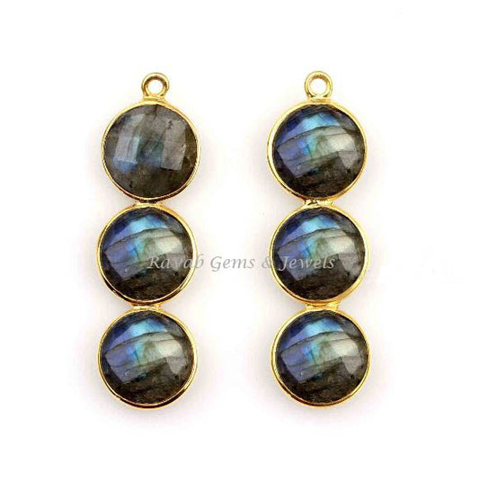 Multi Labradorite Round Gold Plated 925 Sterling Silver Connector & Charms - Faceted Charms Connector - Jewelry Accessories - 1 Piece 10mm