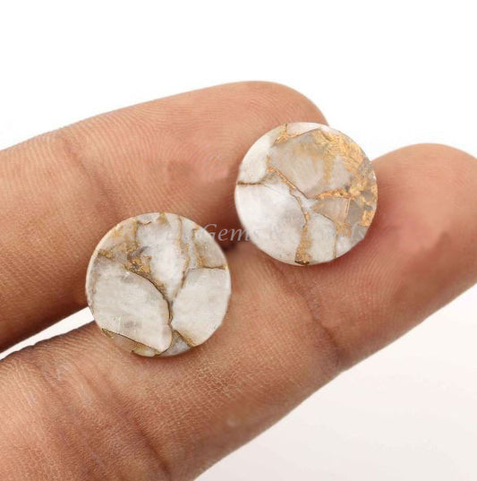 White Calcite Copper round Coin shape 12mm Flat Gemstone cabochon, White Calcite Copper Calibrated Cabochons jewelry making beads 2 pcs set