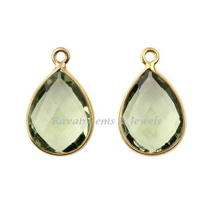 Green Amethyst Quartz Pear 12x16mm Faceted Briolette Gemstone Gold Plated 925 Sterling Silver Charm For Jewelry, Lovely Charms 2 Pcs Set