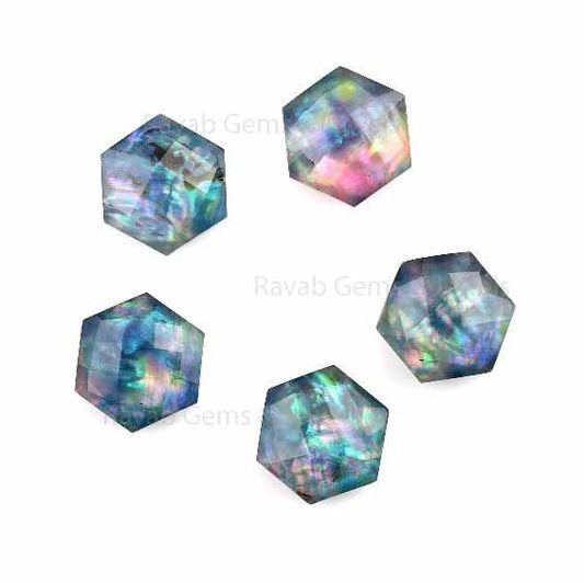 Multi Abalone Shell Hexagon Shape Faceted Flat Back Cabochons Gemstone | Loose Beads Calibrated Stone For Jewelry 5 Pcs Set 8mm-16mm