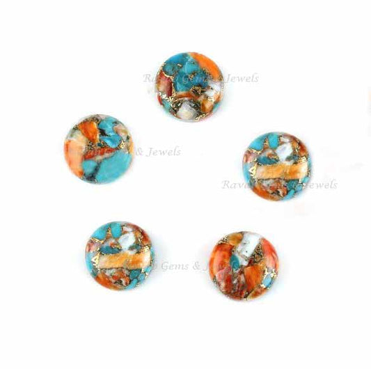 Mohave Spiny Oyster Copper Turquoise Round Gemstone Cabochon, Loose Beads Flat Back Calibrated Stone For Jewelry Ring Earring 12mm-5 Pc Set