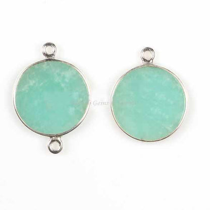 Natural Amazonite Round 12mm Smooth Flat Gemstone 925 Sterling Silver Charm Or Connector, Calibrated Stone Making Pendant Charms 1 Pcs