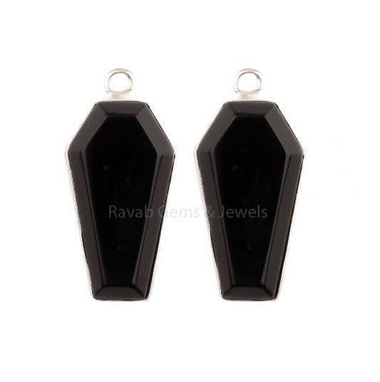 Faceted Black Onyx Coffin Shape Gemstone Pendant 925 Sterling Silver Charm For Jewelry Making, Women's Special Wear 10x17mm 2 Pcs Set