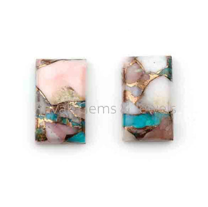 12x20mm Pink Opal Copper Turquoise Rectangle Smooth Cabochons Gemstone | Calibrated Flat Back Stones For Matching Jewelry Making 2 Pcs Set