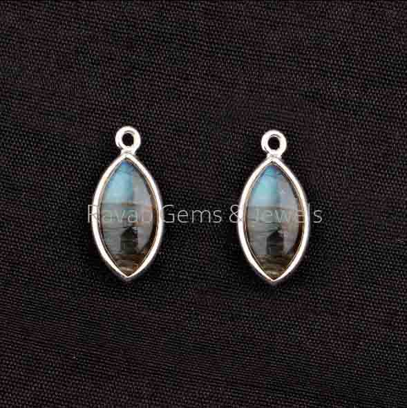 7x14mm Natural Labradorite Marquise Shape Smooth Briolette Gemstone 925 Sterling Silver Charm For Jewelry Making, Love Gifted Charms 2 Pcs