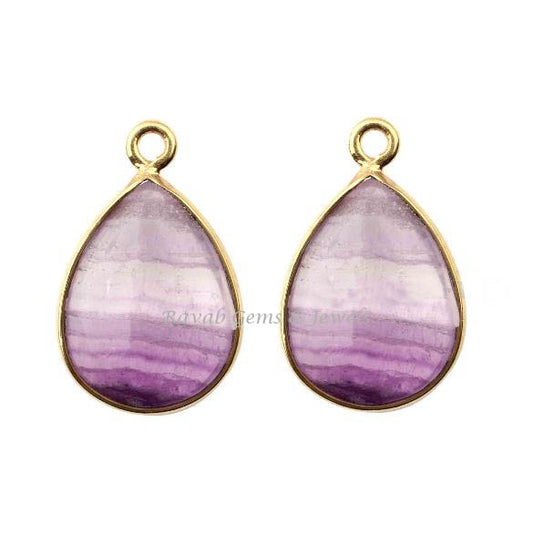 Multi Fluorite Pear Shape 12x16mm Smooth Briolette Gemstone Gold Plated 925 Sterling Silver Charms For Pendant Making, Lovely Charm 2 Pcs