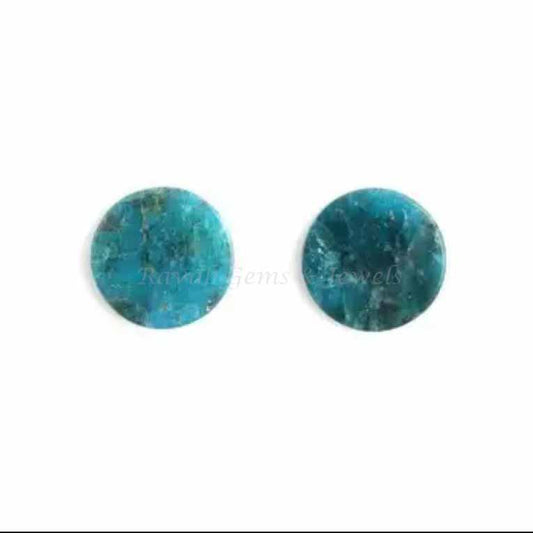 Natural Apatite Round Coin Shape 12mm Flat Gemstone, Calibrated Smooth Pair Stones, Loose Beads ForJewelry Earring Making 2 Pcs Set