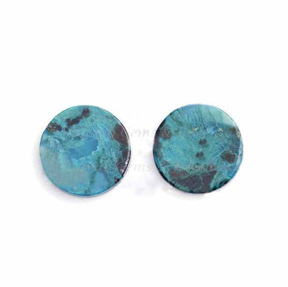 Natural Chrysocolla Round 12mm Flat Gemstone pair, Natural Chrysocolla pendant - Chrysocolla loose gemstone cabochons wholesale 2 pcs set