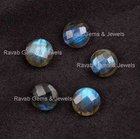 Blue Fire Labradorite Round Shape Faceted Gemstone, Loose Beads Flat Back Stone For Jewelry Earring Ring Pendant 12mm Size 5 Pcs Set