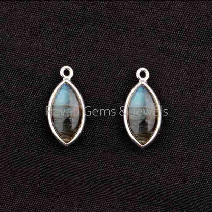 7x14mm Natural Labradorite Marquise Shape Smooth Briolette Gemstone 925 Sterling Silver Charm For Jewelry Making, Love Gifted Charms 2 Pcs