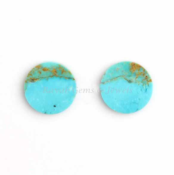 Natural Arizona Turquoise Round Coin Shape Both Side Flat Gemstone, Calibrated Stone For Jewelry Making, Loose Beads Earring Pair 2 Pcs Set