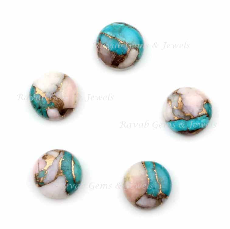 Pink Opal Copper Turquoise Round Smooth Cabochon Gemstone- Loose Beads Calibrated Flat Back Stone For Sale, Jewelry Making Stones 5 Pcs Set