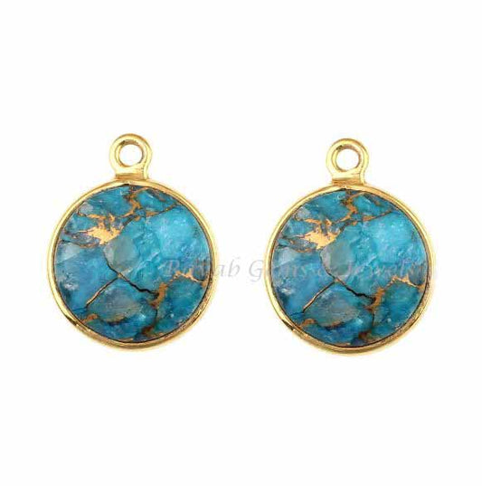 Elegant Blue Copper Turquoise Round 12mm Smooth Briolette Gemstone Gold Plated 925 Silver Charms, Lovable Pendant Charm For Gifted 2 Pc Set