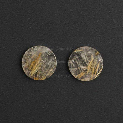 Natural Golden Rutile Round Coin Shape 12mm Flat Gemstone For Customised Jewelry, Loose Beads Calibrated Stone For Jewelry 2 Pcs Set