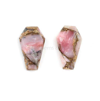 Pink Opal Copper Coffin Shape 12x22mm Flat Back Cabochon Gemstone For Jewelry, Loose Beads Stone For Matching Earring Making 2 Pcs Set