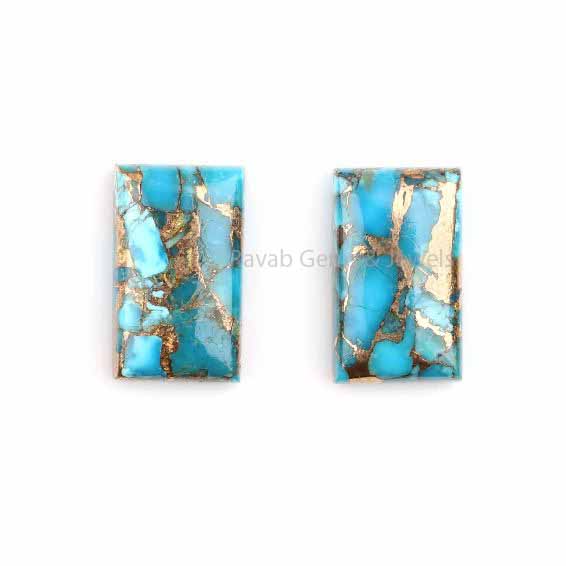 Blue Copper Turquoise Rectangle Gemstone Calibrated Cabochons, Semi Precious Stone For Jewelry Making Best Quality Stones 2 Pcs Set, 12x20mm